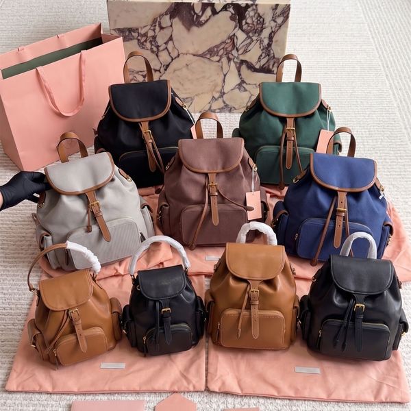 High Quality Designer Style Backpack Women Vintage Canvas Rucksacks Leather Trim Daypack Large Capacity Drawstring School Bags Travel Knapsack Multi-color PRPU